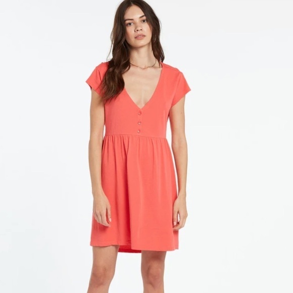 NWT Volcom Nothin But Stone Babydoll Short Sleeve Button Front Mini Dress - Picture 2 of 10